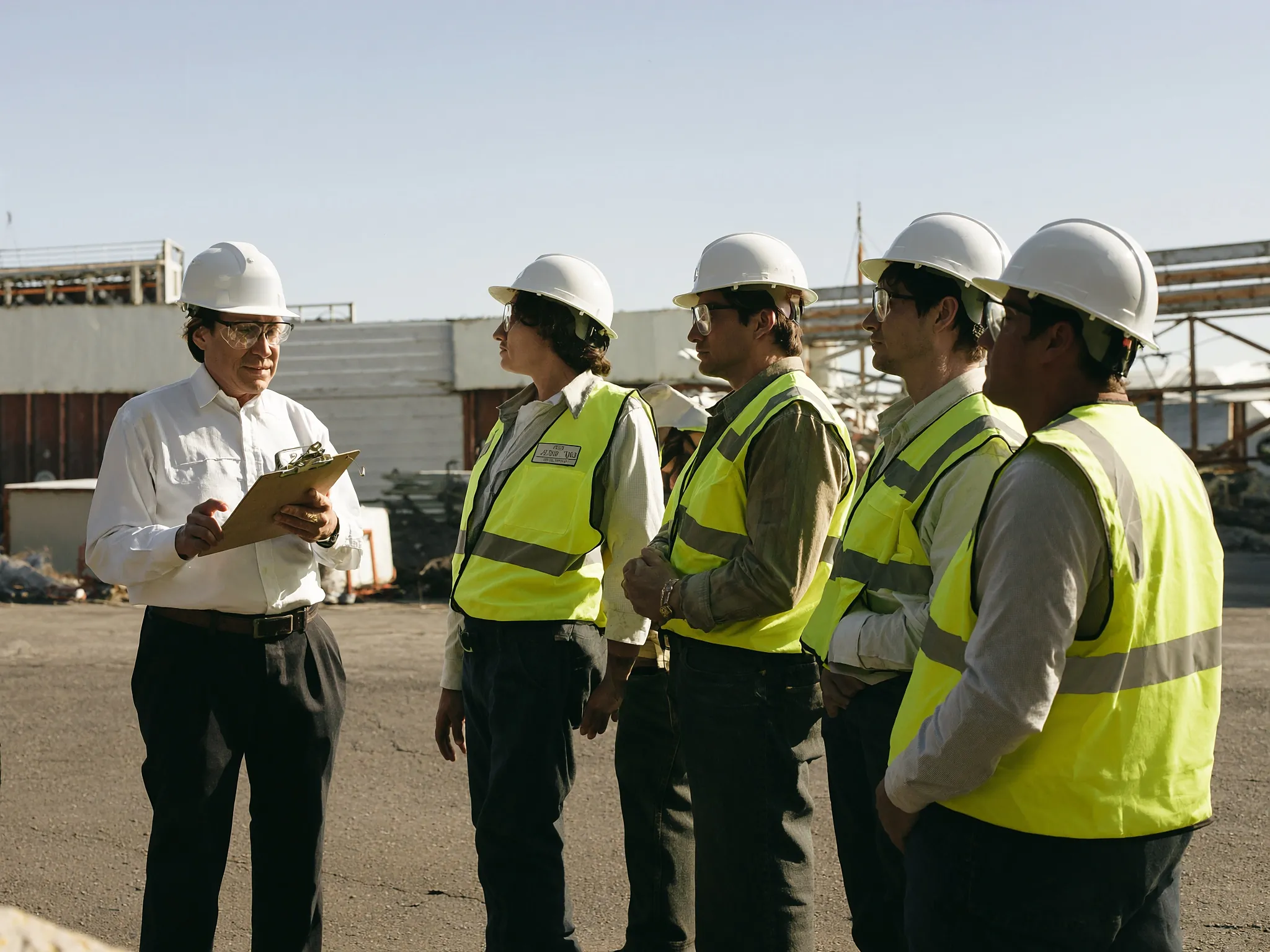 Supervisor y trabajadores revisan un permiso de trabajo en una charla preoperacional antes de una tarea crítica